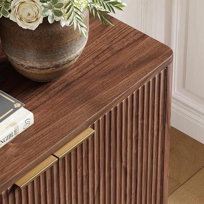 Evermagin 94.5" Fluted Walnut Buffet Cabinet Sideboard with Storage, TV Stands with 6 Doors, Wood Mid Century Modern Credenza for Kitchen and Living Room (94.5" W*31.5" H*15.7" D), Walnut