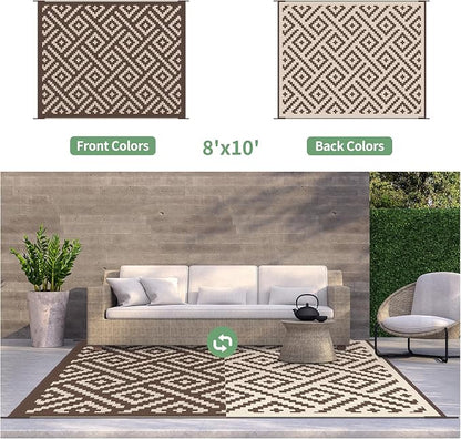 GENIMO Outdoor Rug for Patio Clearance, 8'x10' Waterproof Camping Mat, Reversible Plastic Straw Rugs for RV, Camper, Balcony, Backyard, Picnic, Deck (Coffee & Beige)
