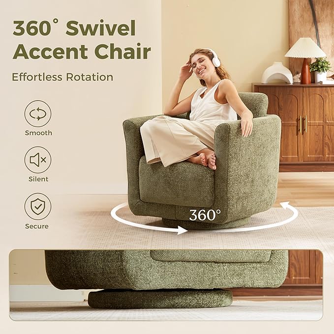 Swivel Accent Chairs Set of 2, Fully Assembled Barrel Chairs, Accent Chairs with Solid Wood Frame & Ergonomic Cushion, 360° Chenille Armchairs for Living Room & Bedroom, Forest Green