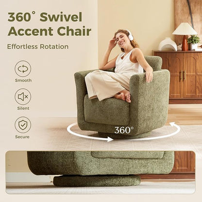 Swivel Accent Chair, 360° Barrel Chair with Solid Wood Frame & Removable Ergonomic Support Back Cushion, Fully Assembled Chenille Armchair for Living Room & Bedroom, Forest Green
