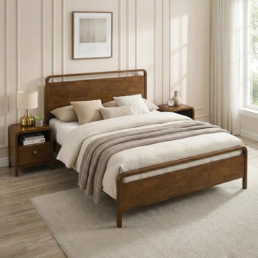Roundhill Furniture Eldren Wood Bedroom Set, Queen Platform Bed with Two Nightstands in Walnut Finish