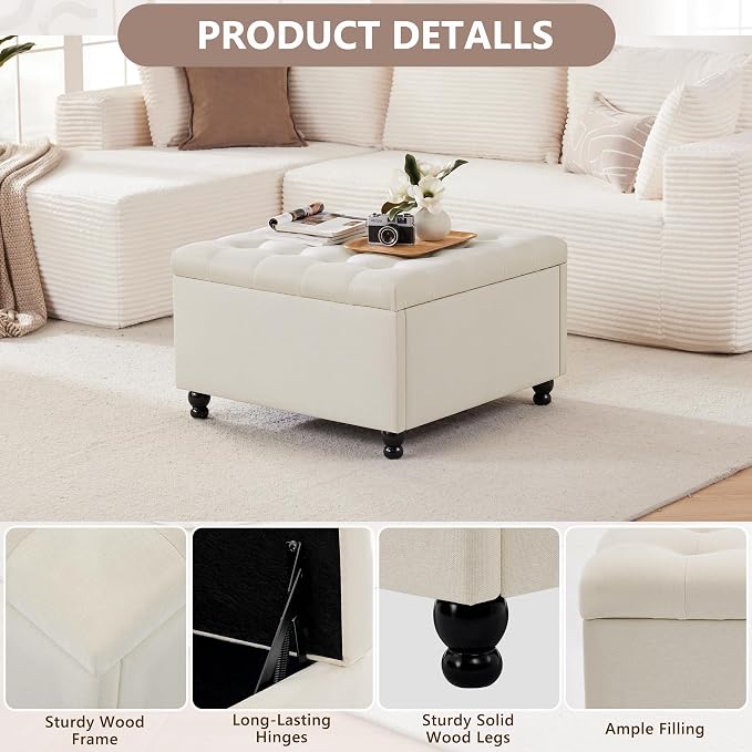 Weture 30 Inch Large Square Storage Ottoman Coffee Table, Oversized Square Ottoman with Storage, Tufted Upholstered Coffee Tables for Living Room (Fabric, Beige)
