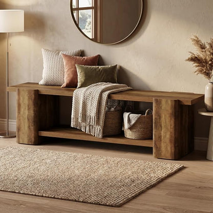 LITTLE TREE Entryway Bench, 63" Long Bench with Storage Shelf, Farmhouse End of Bed Bench, Bench for Bedroom, Dining Room, Living Room, Entryway, Hallway, Reinforced Legs, Brown