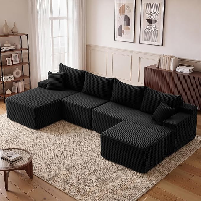 Mangodan 118'' Cloud Sectional Couch, U Shaped Boneless Couches for Living Room, Modular Sectional Sofa with Deep Seat Light Facing Chaise, Comfy Cloud Couch Sofa, Black