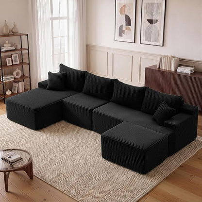 Mangodan 118'' Cloud Sectional Couch, U Shaped Boneless Couches for Living Room, Modular Sectional Sofa with Deep Seat Light Facing Chaise, Comfy Cloud Couch Sofa, Black
