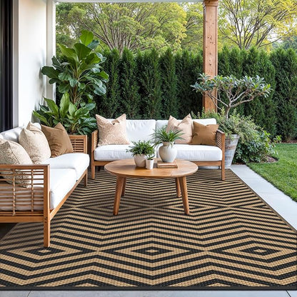 GENIMO Outdoor Rug for Patio Clearance, 8'x10' Reversible Plastic Straw Rugs, Lightweight Waterproof Modern RV Camping Mat for Camper, Balcony, Deck, Backyard, Picnic, Black Brown