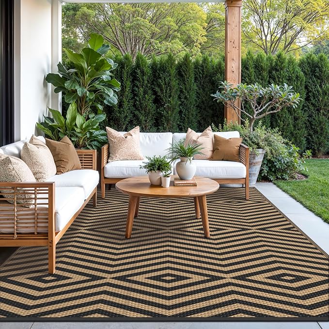 GENIMO Outdoor Rug for Patio Clearance, 6'x9' Reversible Plastic Straw Rugs, Lightweight Waterproof Modern RV Camping Mat for Camper, Balcony, Deck, Backyard, Picnic, Black Brown
