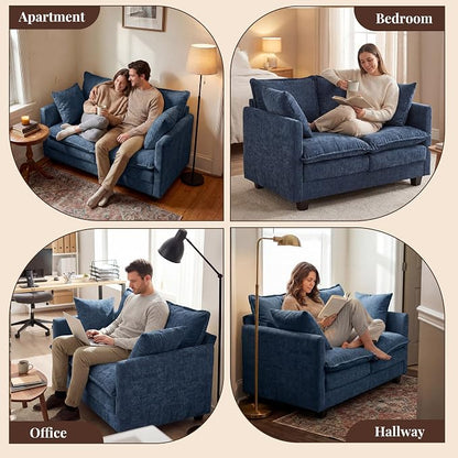 Loveseat Sofa with Cloud 3-Layer Cushion & 27" Deep Seat, Modern Small Couch with 2 Washable Pillows for Small Spaces, Bedroom, Apartment, Office, Living Room, in a Box, 50-Inch Blue