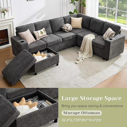 107 Inch Modular Sectional Sofa with Pull Out Bed, 7 Seat U Shaped Sectional Sleeper Sofa with Storage Ottoman, USB Port & 6 Pillows, Sectional Couches for Living Room & Apartment, Modular Couch, Grey