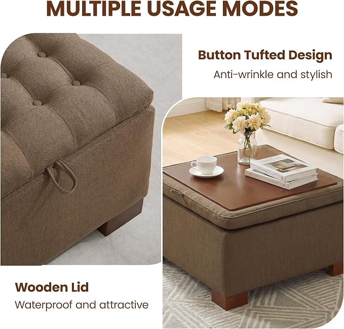 30 Inch Square Storage Ottoman Coffee Table, Modern Tufted Upholstered Ottoman with Flip Tray and Solid Wood Legs, Suitable for Living Rooms, Linen Brown