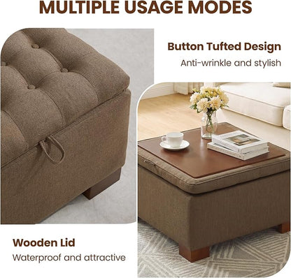 30 Inch Square Storage Ottoman Coffee Table, Modern Tufted Upholstered Ottoman with Flip Tray and Solid Wood Legs, Suitable for Living Rooms, Linen Brown