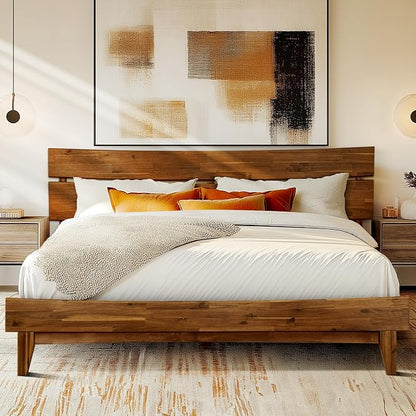 Acacia Aurora Bed Frame with Headboard Solid Wood Platform Bed, King Size Bed Frame, Mid - Century Modern Wood Bed Compatible with All Mattresses, Easy Assembly, Non-Slip, Walnut