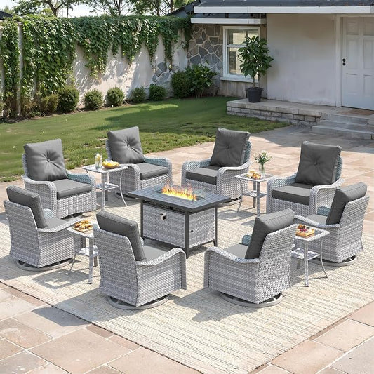 13-Piece Outdoor Conversation Set with 43" Fire Pit Table, 8 Swivel Rocking Chairs (4" Cushions) & 4 Side Tables, All-Weather PE Rattan & Steel Frame for Deck, Backyard, Charcoal Gray