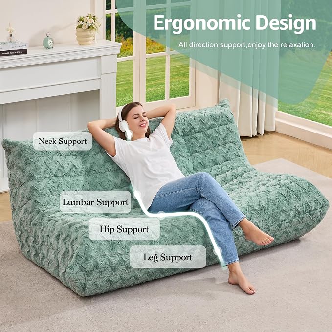 Hobestluk Giant Bean Bag Chair Faux Fur BeanBag Couch for Living Room | Green Chevron, 3-Seater,Ergonomic Design,Memory Foam,Anti-slip Bottom,No Assembly Required,Decorative Style for Living Room