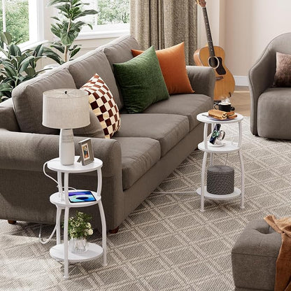 Round Side Table with Power Outlet & USB Ports, 3-Tier End Table with Storage Shelf, Modern Rustic Nightstand, Small Spaces Accent Table for Living Room Bedroom, Easy Assembly, White