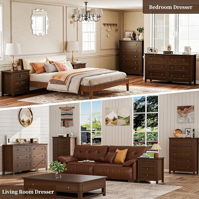 Farmhouse Dresser Nightstand Sets, 2-Piece Bedroom Furniture Set for Home | 5 Drawer Dresser Closet set of 2, Chest of Drawers for Bedroom, Living Room, Entryway, Dark Brown
