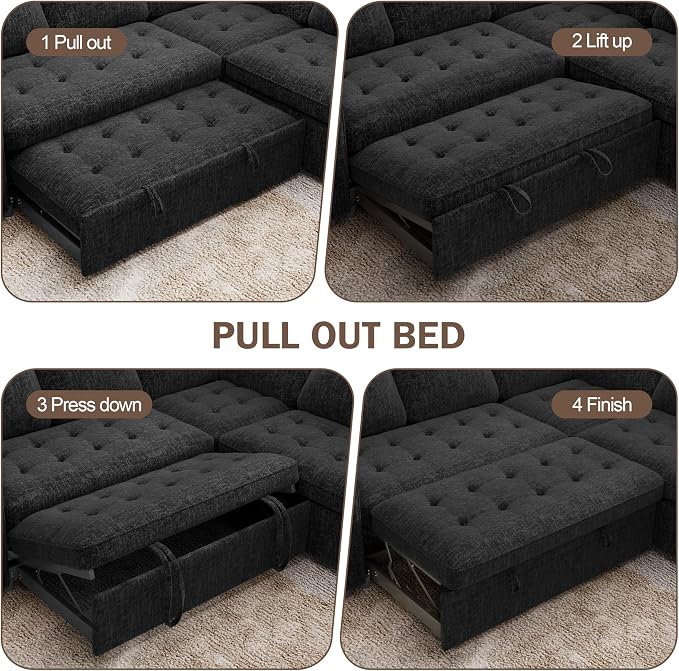 Sunny Heart Modular Sectional Sleeper Sofa with Pull Out Bed, Chenille L Shaped Sectional Sofa with USB Ports/Adjustable Backrest/Storage Seats, Tool-Free Assembly, Couches for Living Room Black