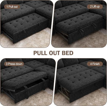 Sunny Heart Modular Sectional Sleeper Sofa with Pull Out Bed, Chenille L Shaped Sectional Sofa with USB Ports/Adjustable Backrest/Storage Seats, Tool-Free Assembly, Couches for Living Room Black