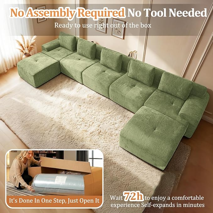 196" U Shaped Oversized Boneless Couch, Comfort Cloud Sectional Couches for Living Room, Modular Sofa High Back & Extra Deep Seat, No Assembly, Chenille (Olive Green, 196 inch-U Shaped（5+2）)