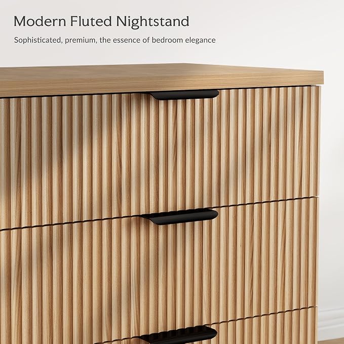 25.6" W Fluted Nightstand with 3 Drawer Dresser, Modern Wood Night Stands Bedside Table for Bedroom King/Queen Bed, End Table with Robot-Friendly Legs for Living Room,Entry (3 Drawers-1pcs-Natural)