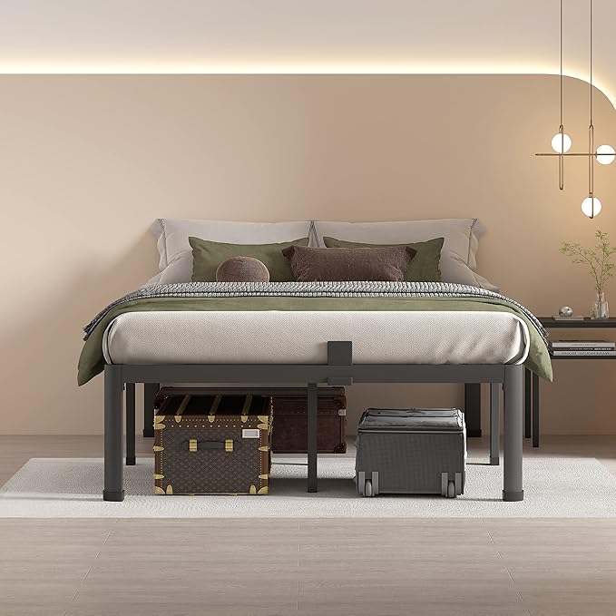 MAF 20 Inch Queen Size Bed Frame with Round Corner Legs Mattress Slide Stopper No Box Spring Needed Heavy Duty Metal Platform Bed Frames Under-Bed Storage Space, 3000 LBS Steel Slats Support