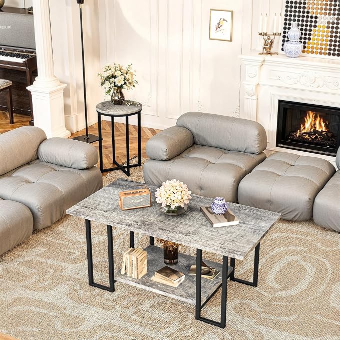 Lamerge 3 Pieces Living Room Table Set, Faux Marble Coffee Table with 2 Round End Side Tables, Coffee Table Set with Metal Frame for Apartment Home Office, Grey&Black