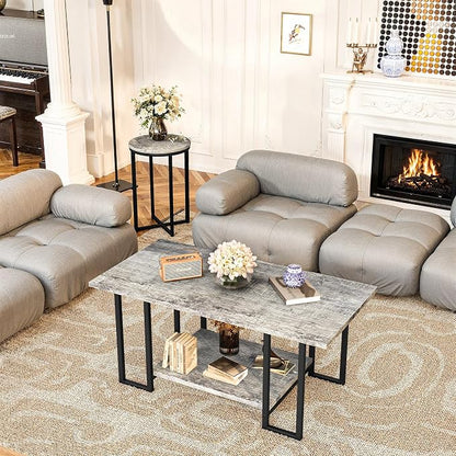 Lamerge 3 Pieces Living Room Table Set, Faux Marble Coffee Table with 2 Round End Side Tables, Coffee Table Set with Metal Frame for Apartment Home Office, Grey&Black