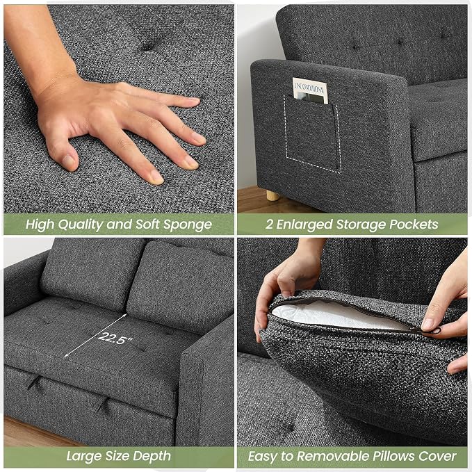 SEJOV Sleeper Sofa, 3-in-1 Convertible Pull Out Couch Bed Futon Sofa, Linen Fabric Loveseat with 2 Pillows and Adjustable Backrest, Chaise Lounge for Small Spaces Apartment Dorm, Office, Black