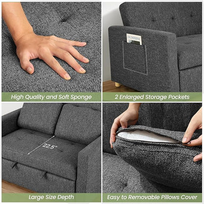 SEJOV Sleeper Sofa, 3-in-1 Convertible Pull Out Couch Bed Futon Sofa, Linen Fabric Loveseat with 2 Pillows and Adjustable Backrest, Chaise Lounge for Small Spaces Apartment Dorm, Office, Black