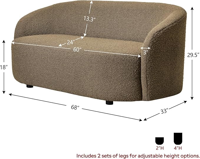 KINWELL 68" Boucle Upholstered Loveseat Sofa with Set of 2 Swivel Barrel Accent Chairs, Minimalist Comfy 2-Seater Couch and 2 Sherpa Armchairs for Small Spaces Apartment, Teddy Brown