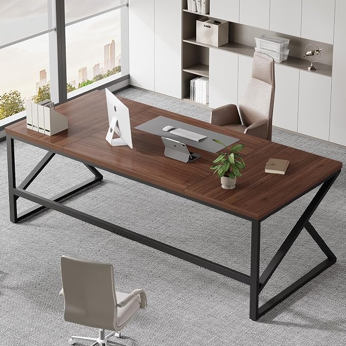 HSH 70 Inch Long Walnut Desk, 2 Person Large Work Desk for Home Office, Rustic Wood and Metal Executive Writing Study Gaming Computer Table, Modern Bedroom Living Room PC Laptop Dual Monitor Table