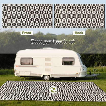 SAND MINE Reversible Mats, Plastic Straw Rug, Modern Area Rug, Large Floor Mat and Rug for Outdoors, RV, Patio, Backyard, Deck, Picnic, Beach, Trailer, Camping (8' x 16', Black & Beige Lattice)