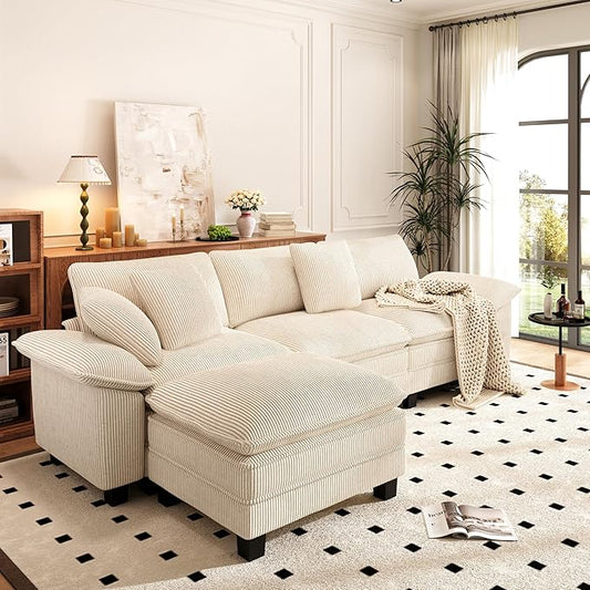 PHI VILLA Cloud Modular Couch Sets, 123.6" Sectional Sofa with L-Shaped Chaise, 4-Seater Upholstered Couches with Movable Ottoman for Living Room, Corduroy Fabric, Beige