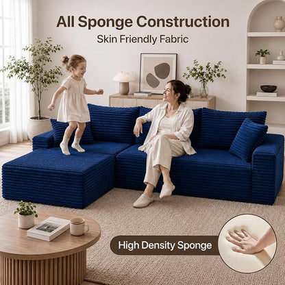 Claiks 104" Boneless Couch, Cloud Couch Sectional, L-Shape Corduroy Modular Sectional Sofa Deep Seat, Upholstered Couches for Living Room, No Assembly Required, Blue