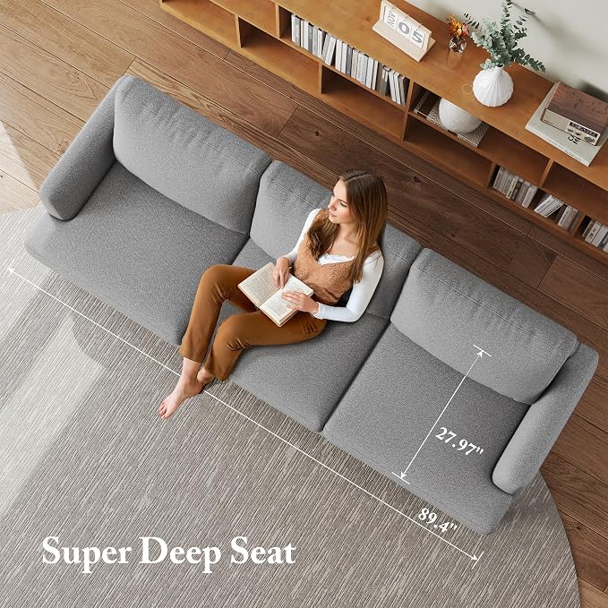 Busaurus 3 Seater Sofa Couch with Deep Seats, 89" Mid Century Modern Upholstered Sofa with Armrests, Comfy Couches for Living Room, Bedroom, Apartment and Office, Linen Light Grey