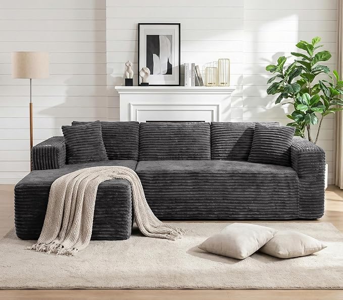 Vongrasig 103" Boneless Sectional Couches for Living Room, L-Shaped Chaise Modular Cloud Couch with Cup Holders on Armrests, Plush Corduroy Comfy Sofa with Memory Foam, No Assembly Required (Grey)