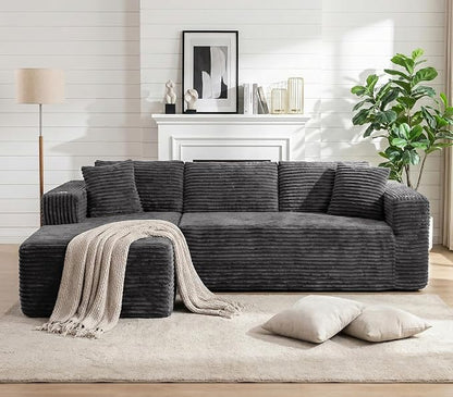 Vongrasig 103" Boneless Sectional Couches for Living Room, L-Shaped Chaise Modular Cloud Couch with Cup Holders on Armrests, Plush Corduroy Comfy Sofa with Memory Foam, No Assembly Required (Grey)