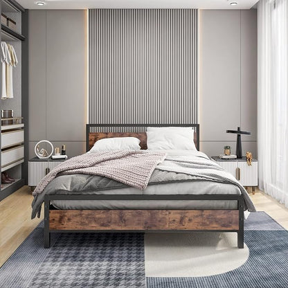 BOFENG Black Queen Size Bed Frames with Wood Headboard,Heavy Duty Platform Bed Frame with Storage No Box Spring Needed,Mattress Foundation,Strong Steel Slats,Noise Free,Brown