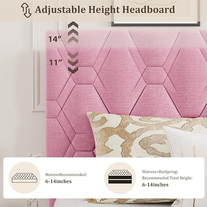 GarveeHome Pink King Bed Frame with Upholstered Headboard, Heavy-Duty Platform Bed Frame with Strong Wood Slats, No Box Spring Needed/Noise Free/Easy Assembly