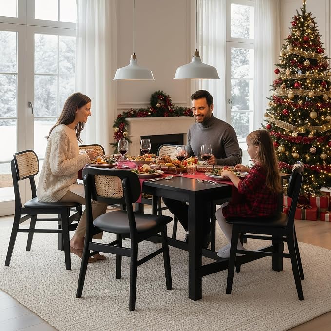 ROCITY Black Dining Chairs Set of 4 Faux Leather Dining Room Chairs with Rattan Back Farmhouse Kitchen Chairs Wooden Side Chairs