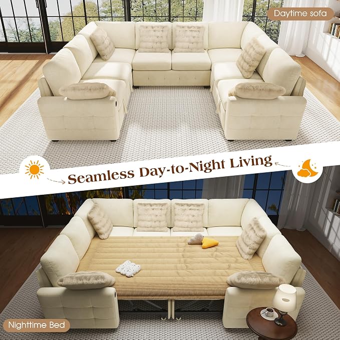 Ihanherry Large U-Shaped Sectional Sofa Bed, 8-Seater Convertible Sleeper with Storage Ottoman & 6 Pillows, USB Charging Ports, Premium Chenille Fabric for Big Living Room, Family Theater（Beige）