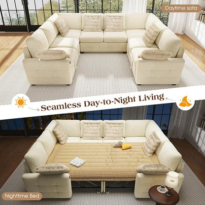 Ihanherry Large U-Shaped Sectional Sofa Bed, 8-Seater Convertible Sleeper with Storage Ottoman & 6 Pillows, USB Charging Ports, Premium Chenille Fabric for Big Living Room, Family Theater（Beige）