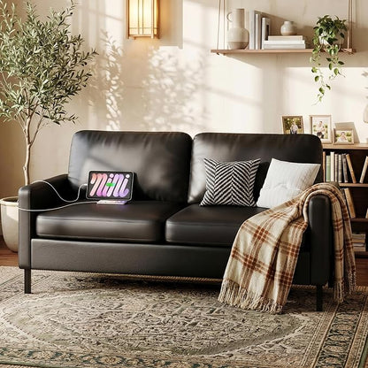STHOUYN 56" W Faux Leather Loveseat w/ 2 USB, Black Love Seat w/Side Pockets, Small Loveseat for Small Space, Leather Couch for Bedroom, Apartment, Dorm, Black