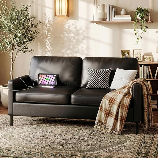 STHOUYN 56" W Faux Leather Loveseat w/ 2 USB, Black Love Seat w/Side Pockets, Small Loveseat for Small Space, Leather Couch for Bedroom, Apartment, Dorm, Black