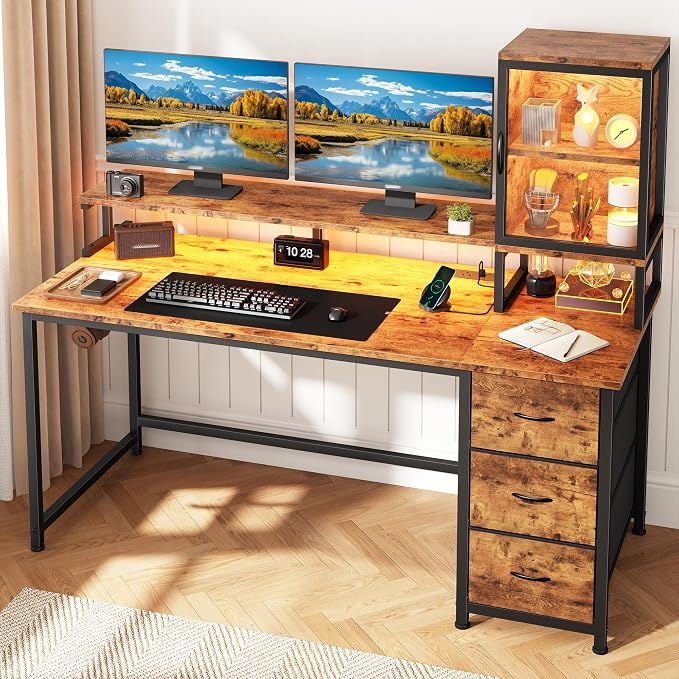 DurayLoly Computer Desk, 47" Desk with Cabinet to Display & RGB Light, Home Office Desks with 3 Drawers for Small Space, 2 AC Power Outlets and 2 Ports, Monitor Stand for Student Bedroom, Brown