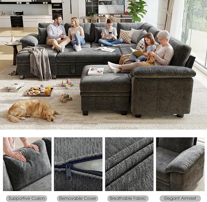 107.8" Oversized Modular Sectional Sofa with Pull Out Bed, 9 Seat U Shaped Sectional Sleeper Sofa with 291L Storage, Convertible Cloud Couch Bed, Sectional Couches for Living Room, Apartment (Gray)