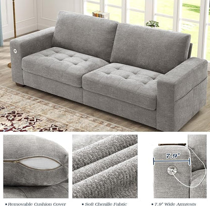 WorthFurni Sofas for Living Room, Chenille Loveseat Couch Set, Small Sofa, 3 Seater Sofa, USB Charging, Removable Sofa Cover,Solid Wood Frame, Easy to Install(89inch,Grey)