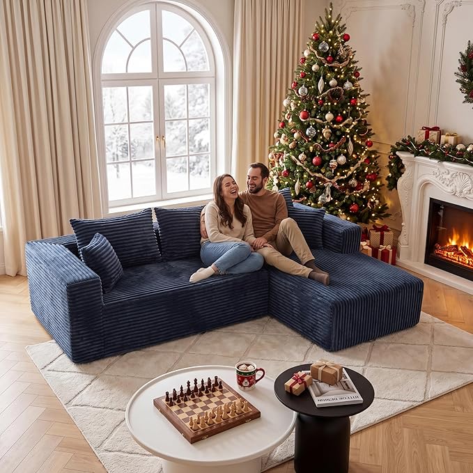 Modular Sectional Sofa, Boneless Compressed Sofa in a Box, L-Shaped Cloud Couch with Deep Seats & Chaise for Living Room, No Assembly Required (Blue, 92.5" L-Shape with Right Facing Chiase)