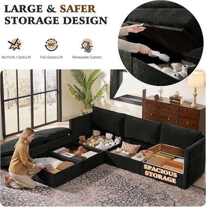 Ihanherry 103” Modular Sectional Sofa with Storage, U Shaped Cloud Couch with Movable Ottomans & 4 Pillows, Chenille Deep Seat Sectional Couches for Living Room, Apartment (Black)