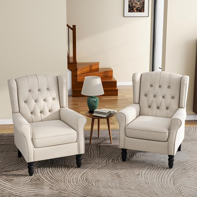 High Back Accent Chairs Set of 2, Fabric Upholstered Armchair Wingback Chair for Living Room, Comfy Single Sofa Bedroom Reading Seat with Solid Wood Legs, Beige